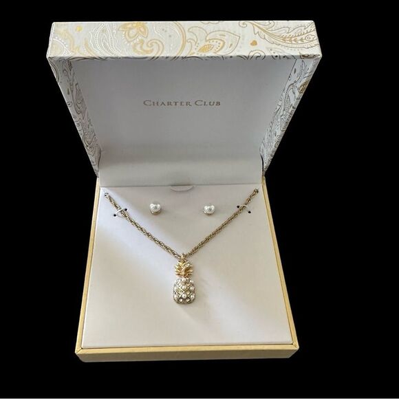 Charter Club Jewelry - Charter Club Gold Tone Crystal Imitation Pearl Pineapple Necklace Stud Earrings